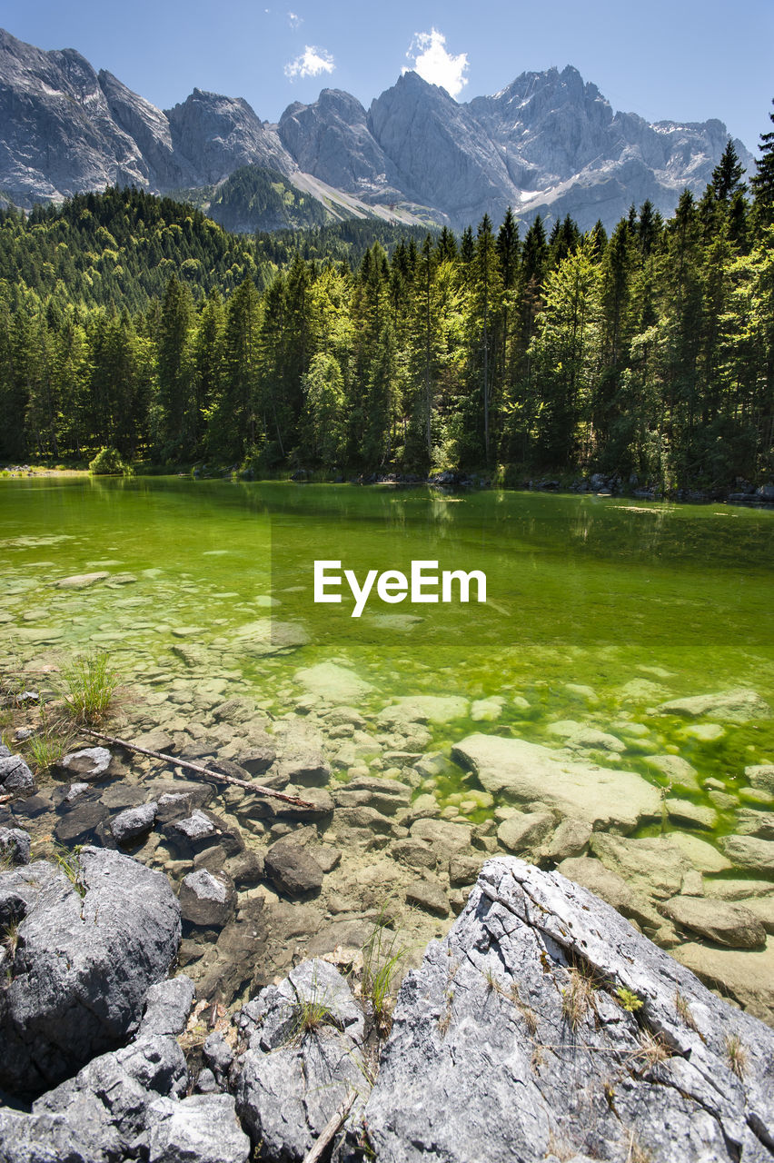 Lake eibsee at zugspitze mountain range in germany