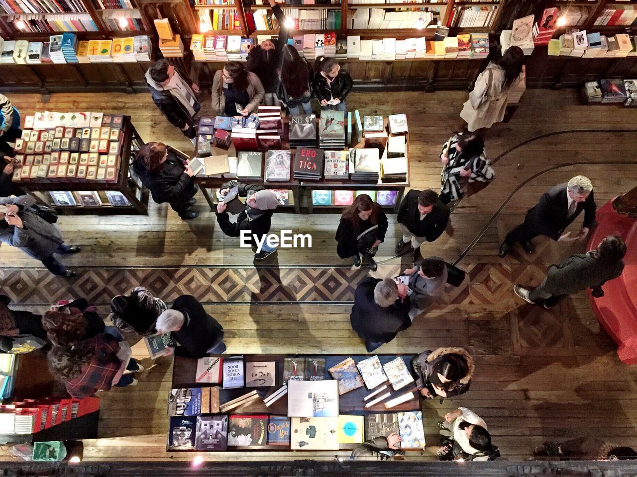 High angle view of people in library