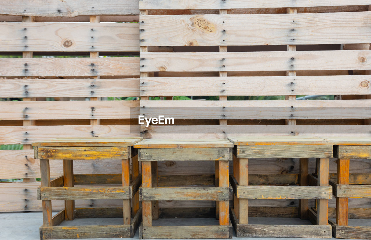 Front view of old, vintage and grunge wooden wall including chairs with beautiful surface texture 