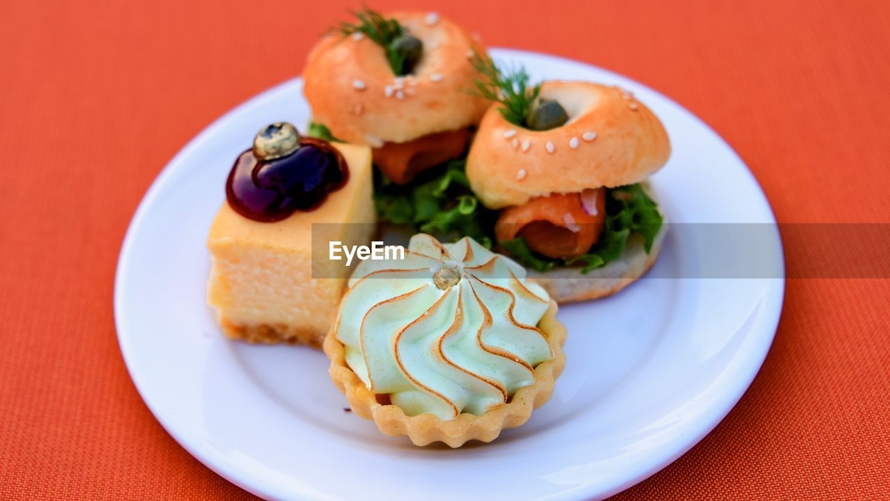 HIGH ANGLE VIEW OF DESSERT SERVED ON PLATE