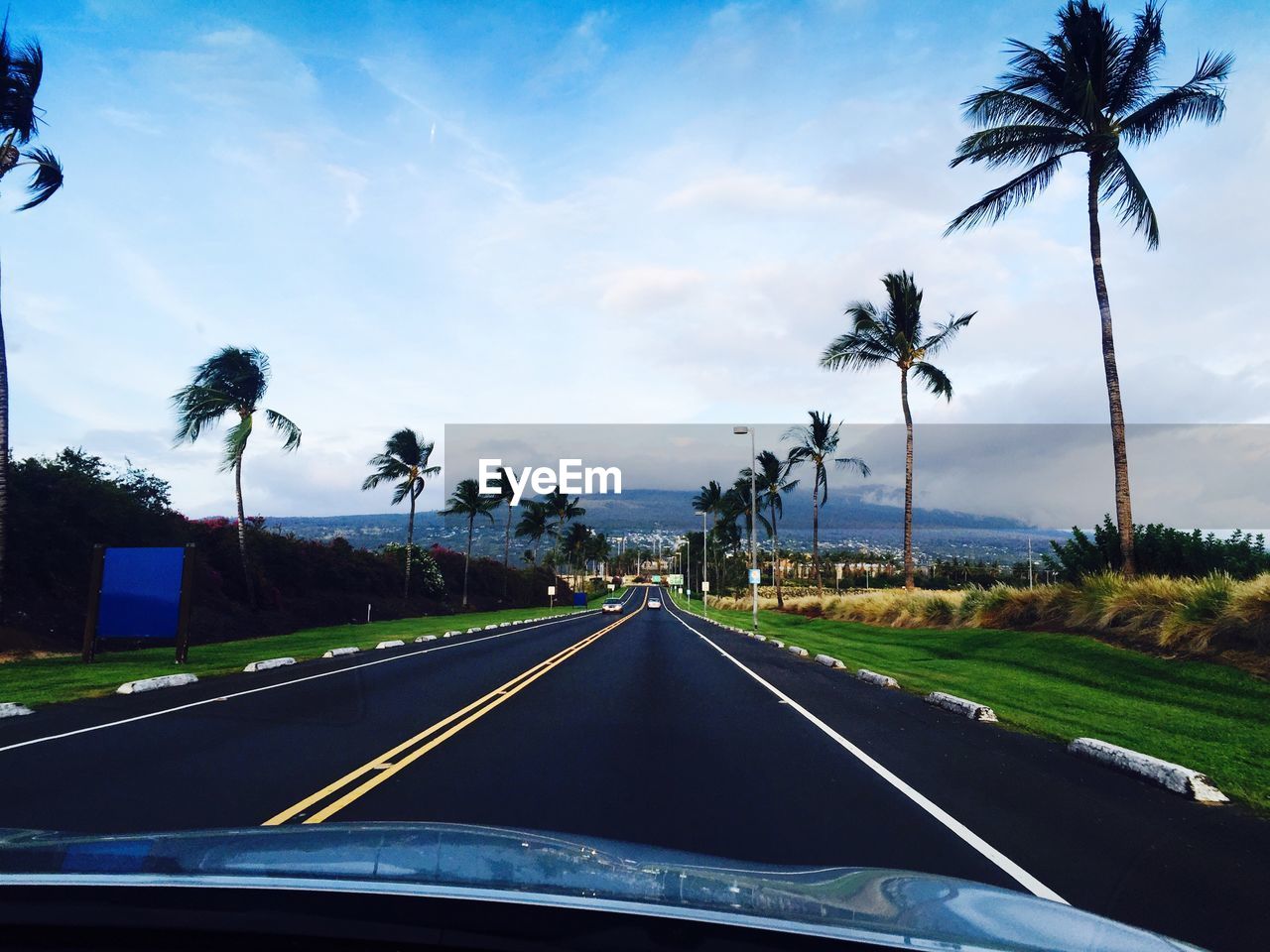 Road amidst palm trees against sky in city seen through car windshield