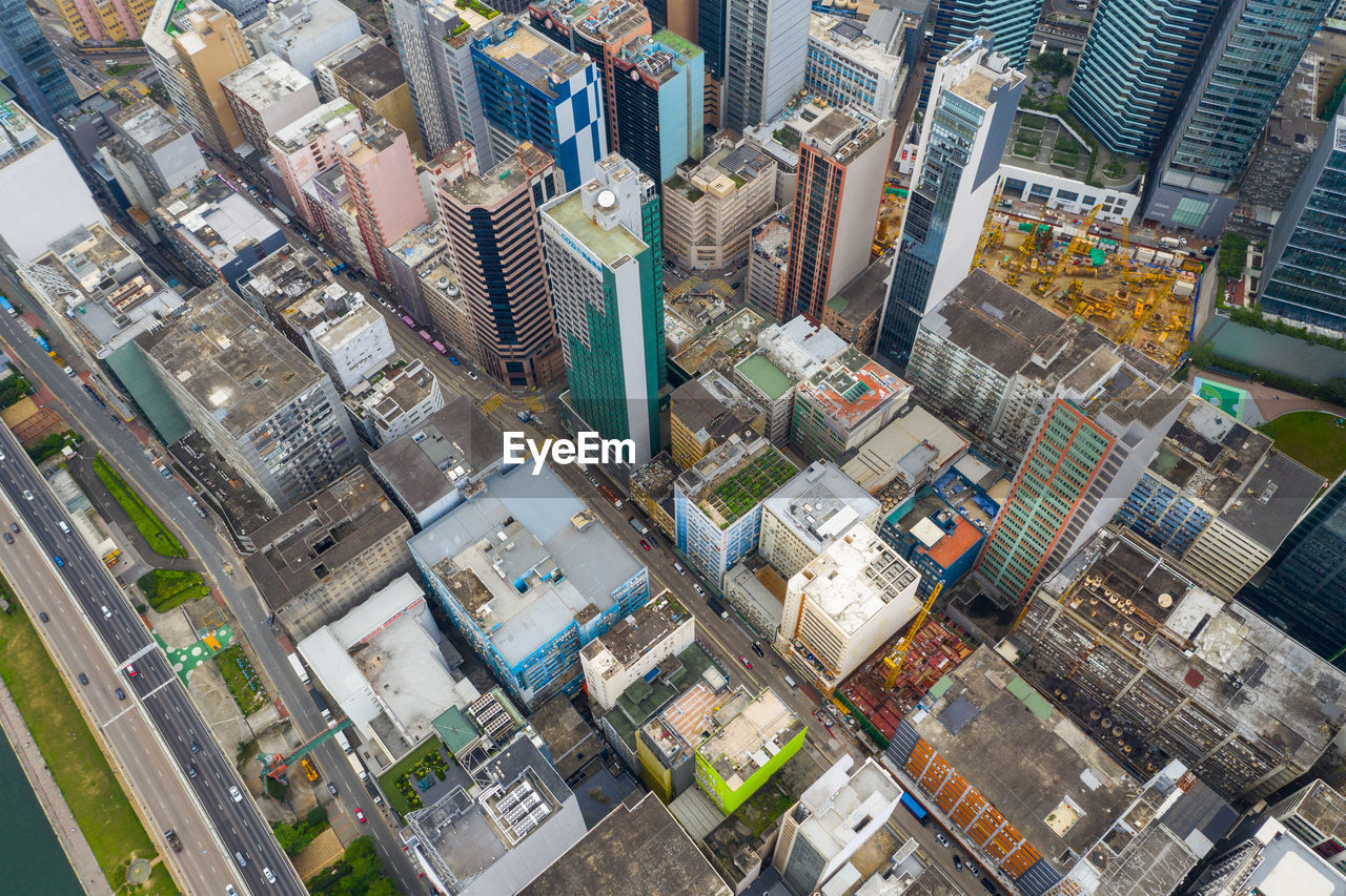 High angle view of modern buildings in city