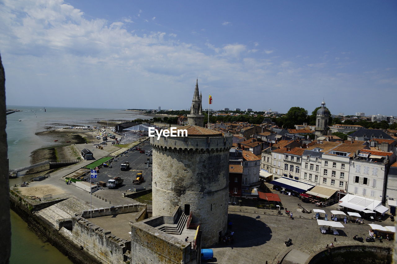 HIGH ANGLE VIEW OF TOWNSCAPE BY SEA AGAINST SKY IN CITY