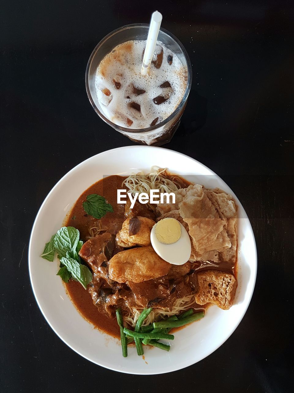 High angle view of meal served on table