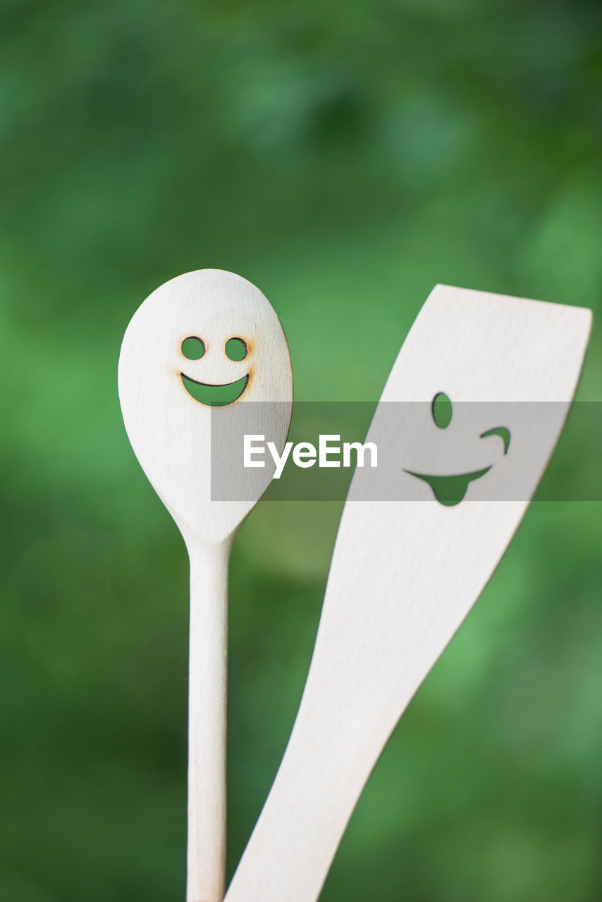 Close-up of anthropomorphic faces on kitchen utensils