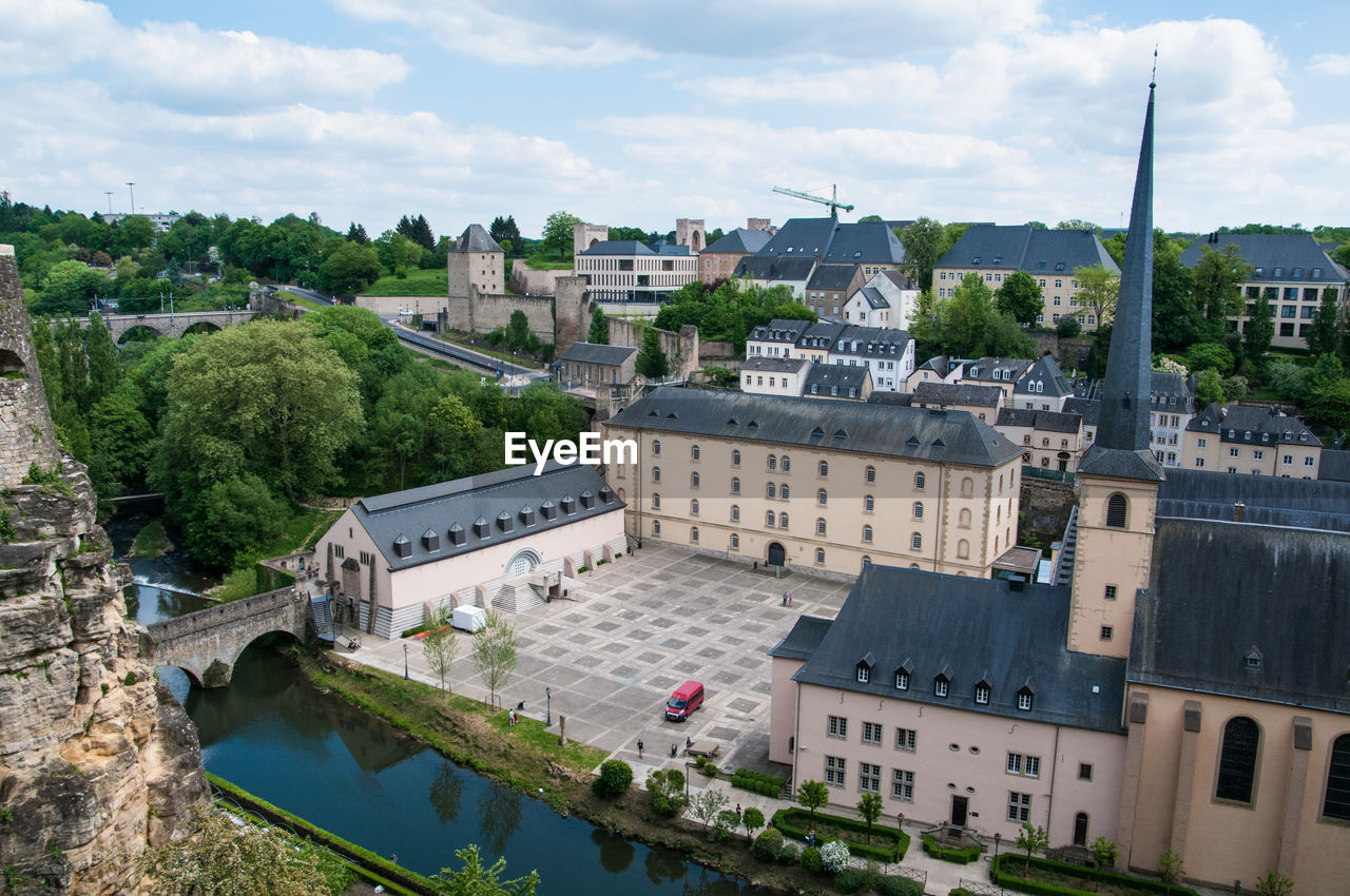 High angle view of buildings in city of luxemburg