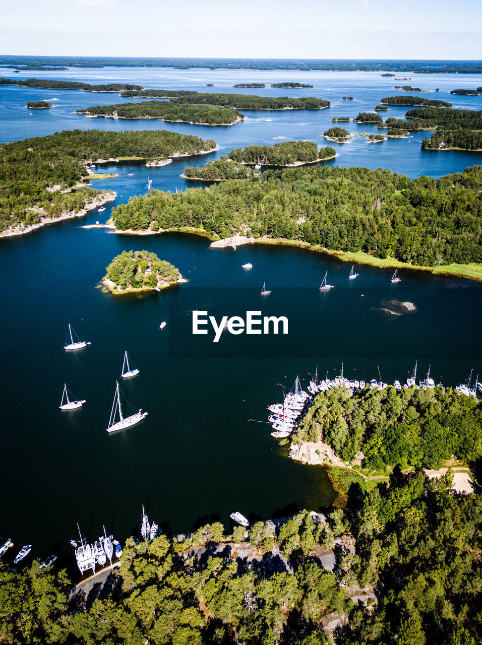 Aerial view over archipelago in stockholm, sweden. scenic view of sea against sky