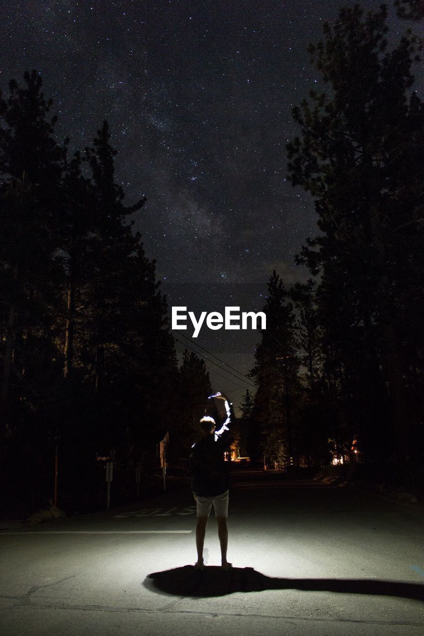 Rear view of man standing on road amidst trees at night