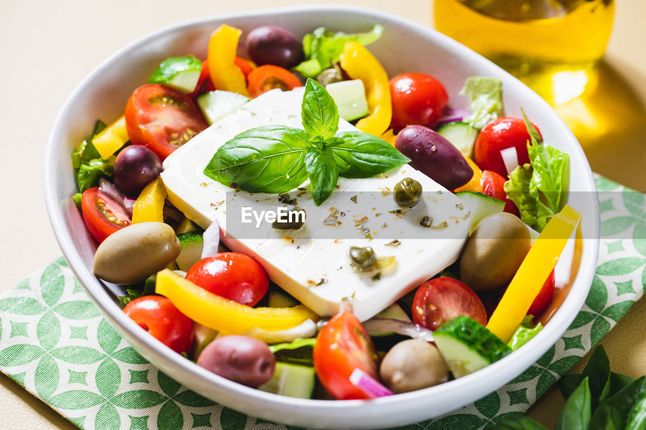 high angle view of salad in plate on table