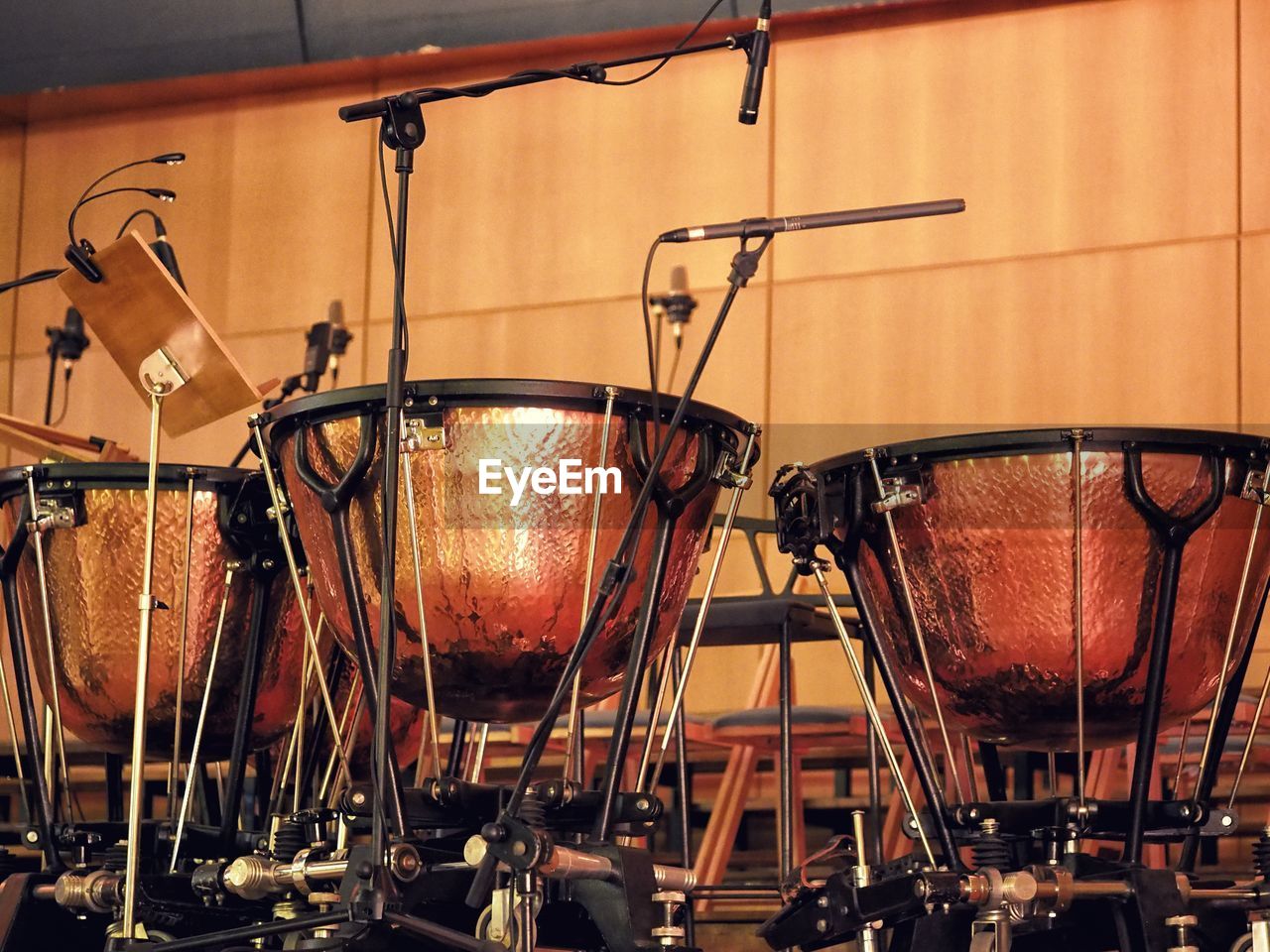 Close-up of timpani in concert hall