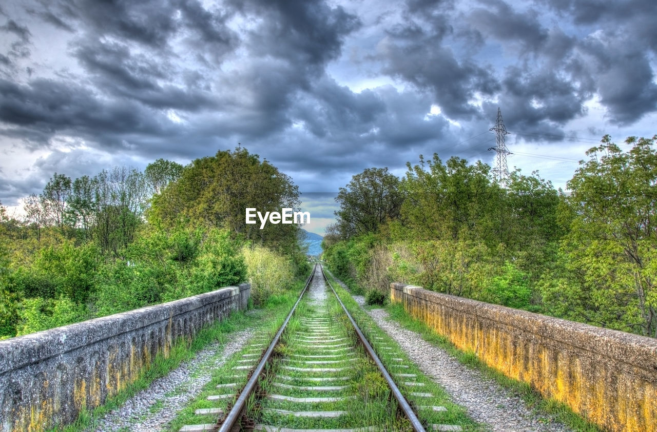 RAILROAD TRACK ON ROAD AGAINST CLOUDY SKY