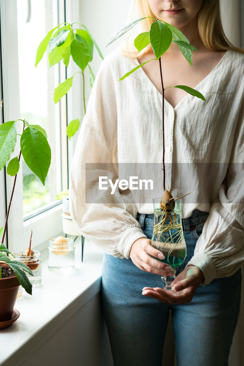 midsection of woman holding potted plant at home