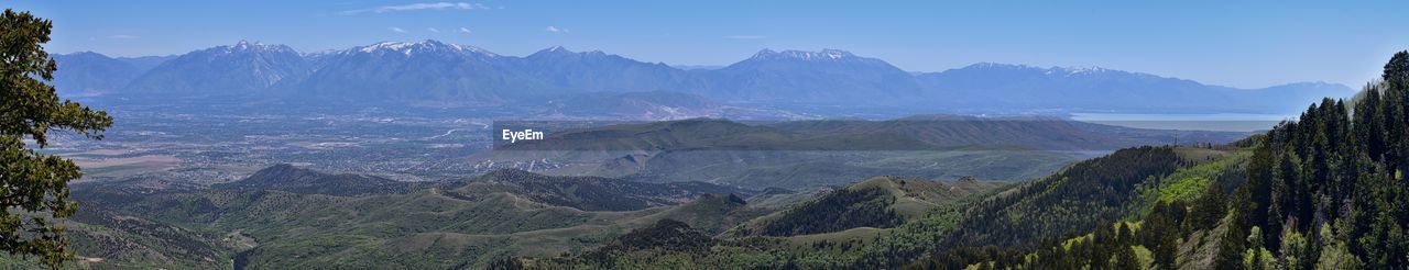 Wasatch front rocky mountains from the oquirrh mountains utah lake and great salt lake valley usa.