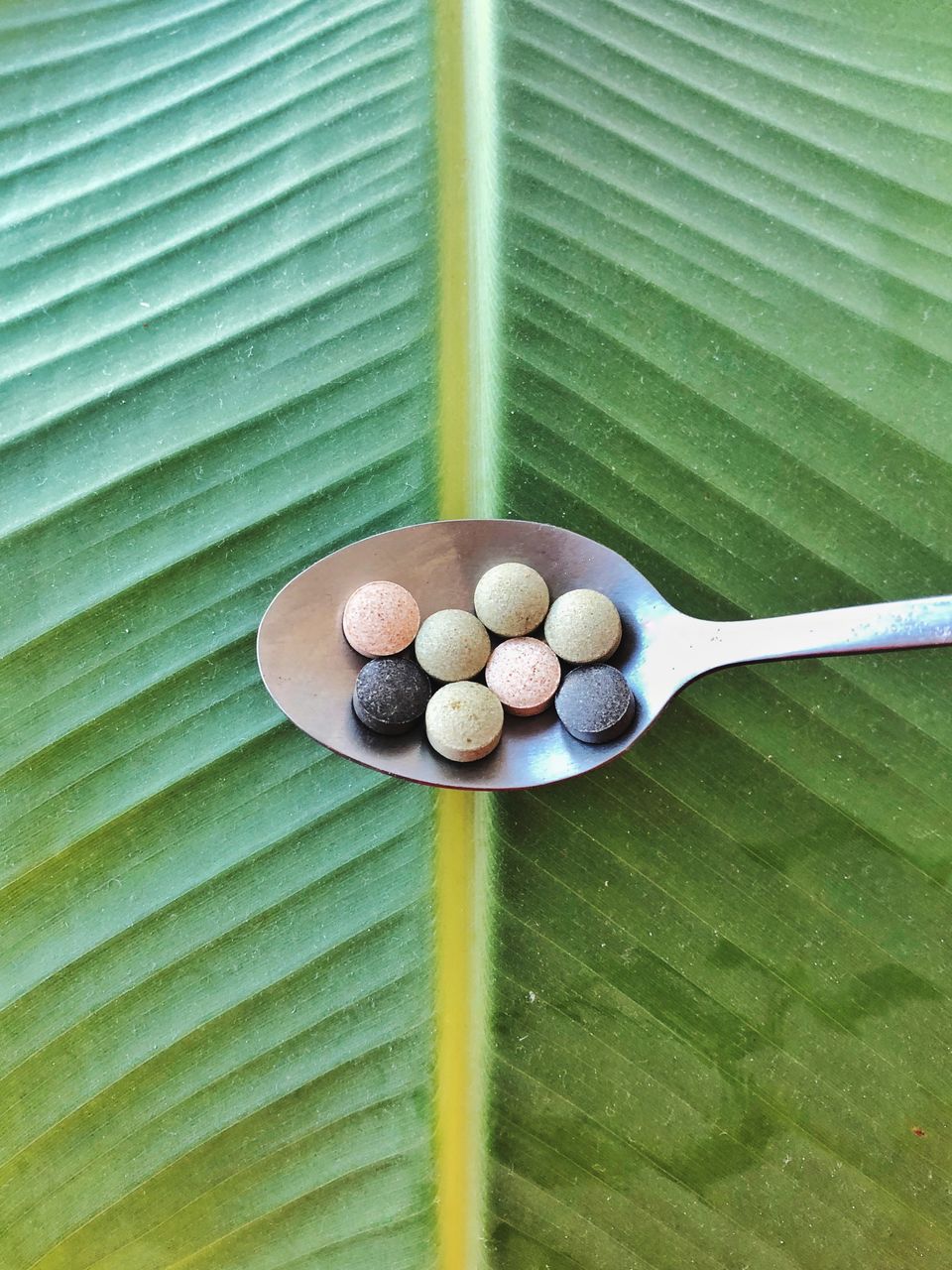 High angle view of medicines in spoon over leaf