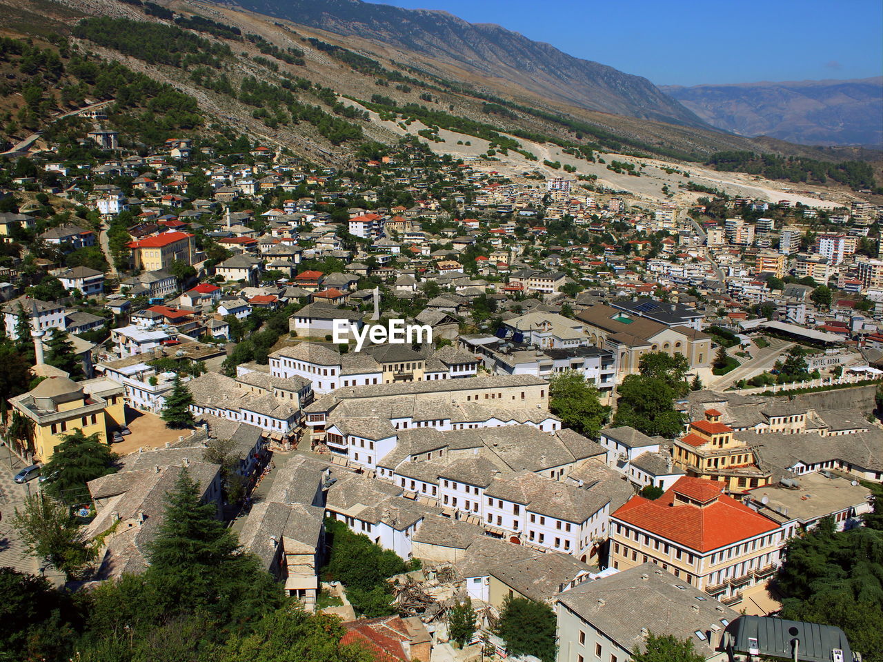 High angle view of townscape against buildings in gjirokaster town in albania