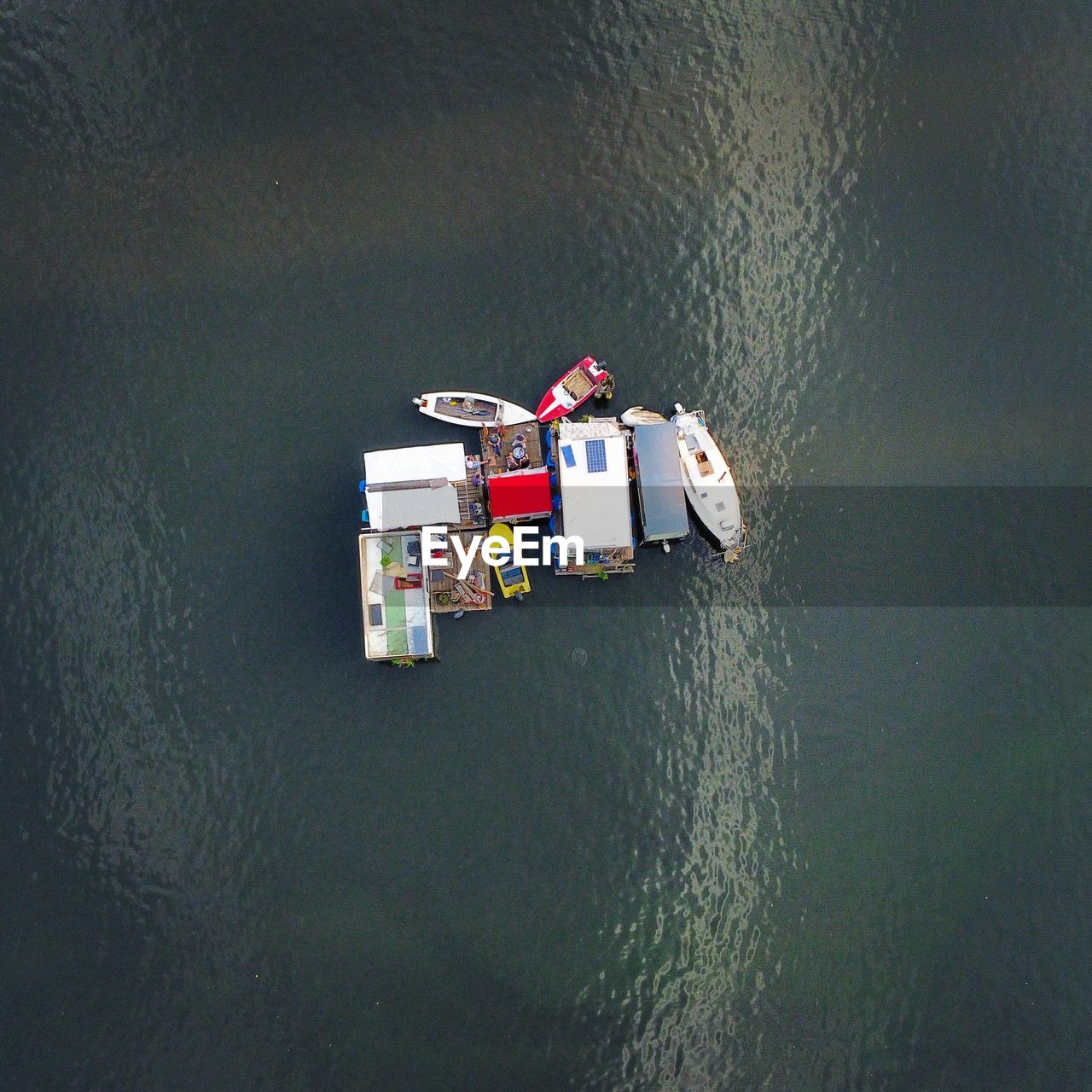 High angle view of ship floating on lake