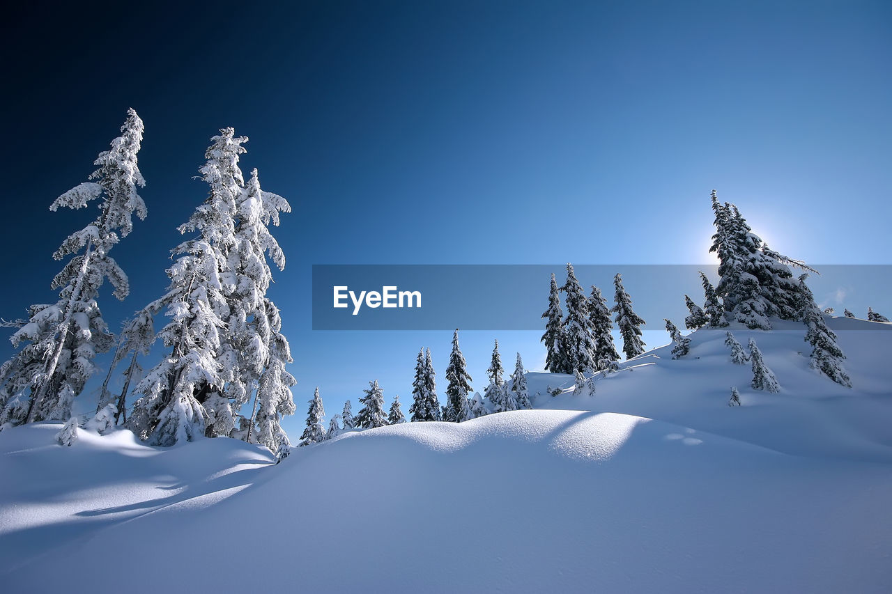 Low angle view of snow covered landscape against clear blue sky