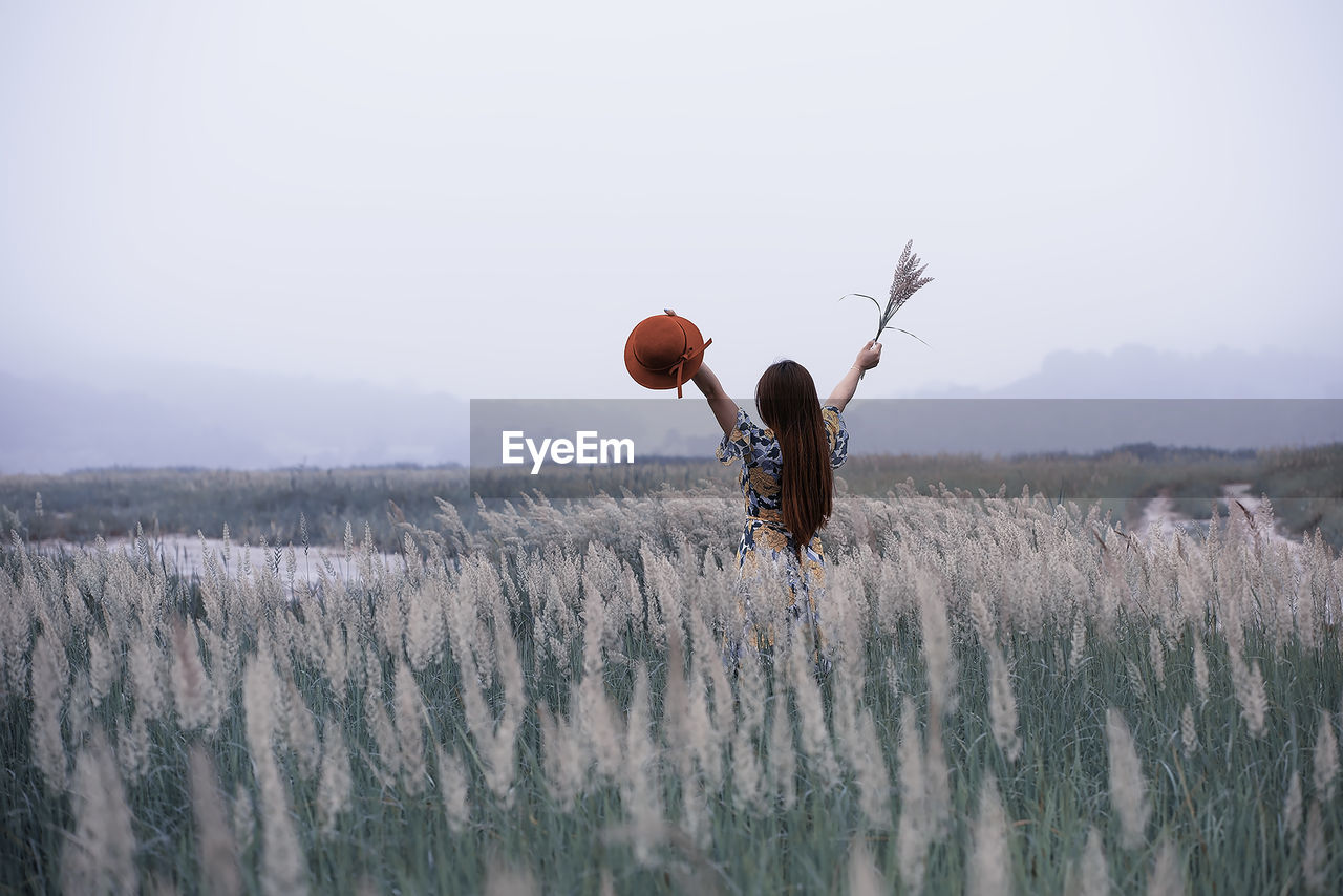 Rear view of woman with arms raised standing amidst plants on field against sky