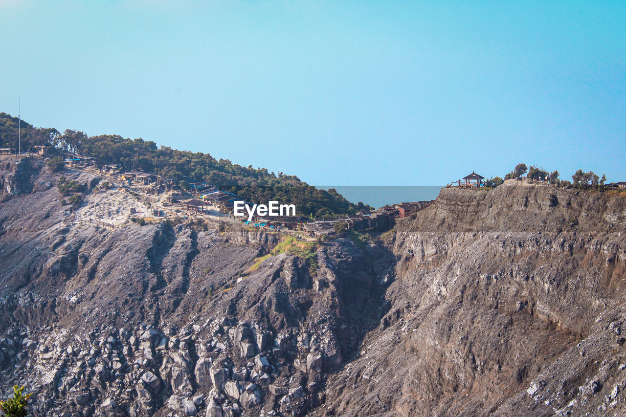 Panoramic view of rocky mountains against clear blue sky