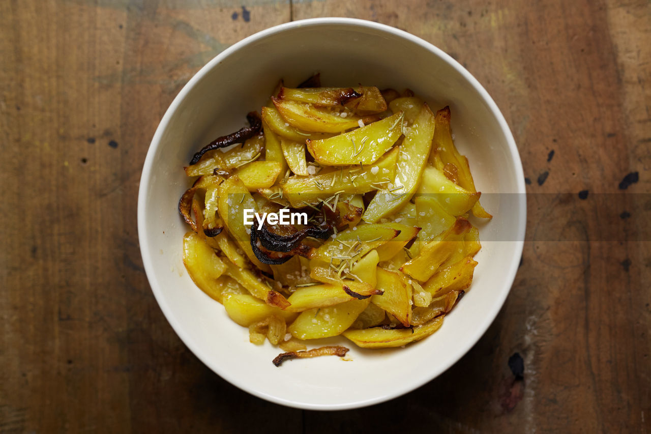 High angle view of potatoes in bowl on table