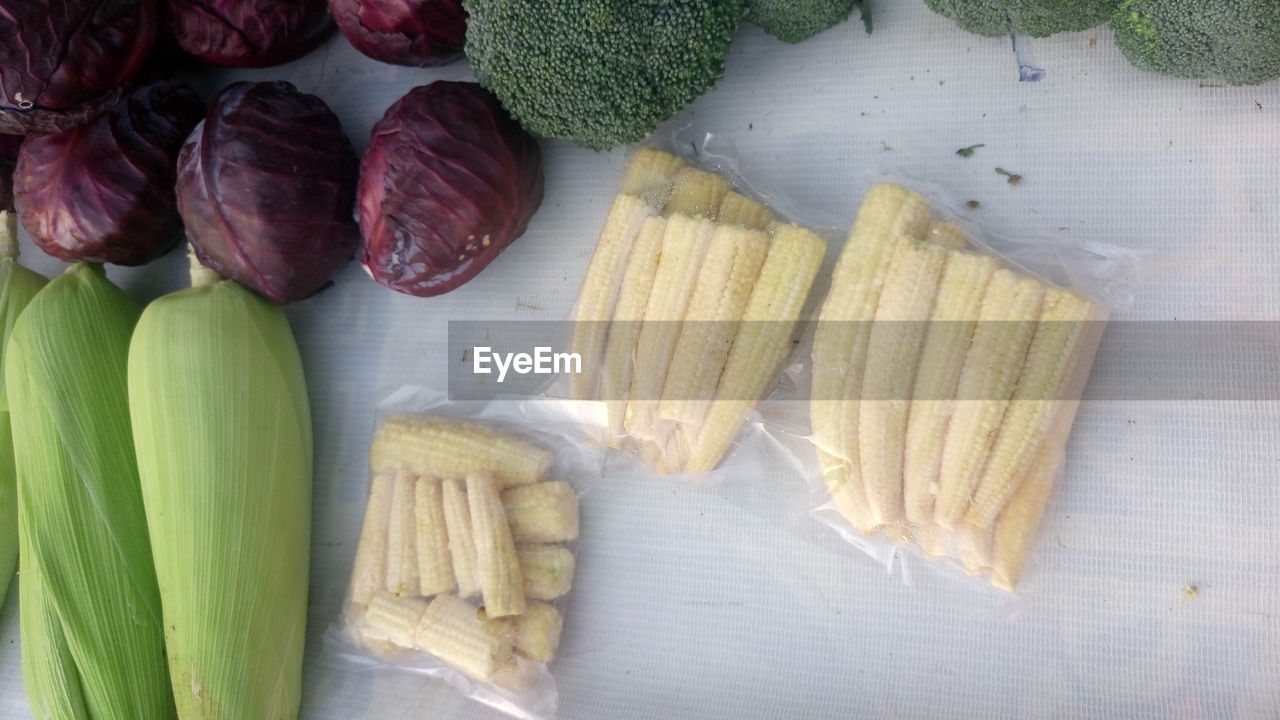 High angle view of vegetables on table