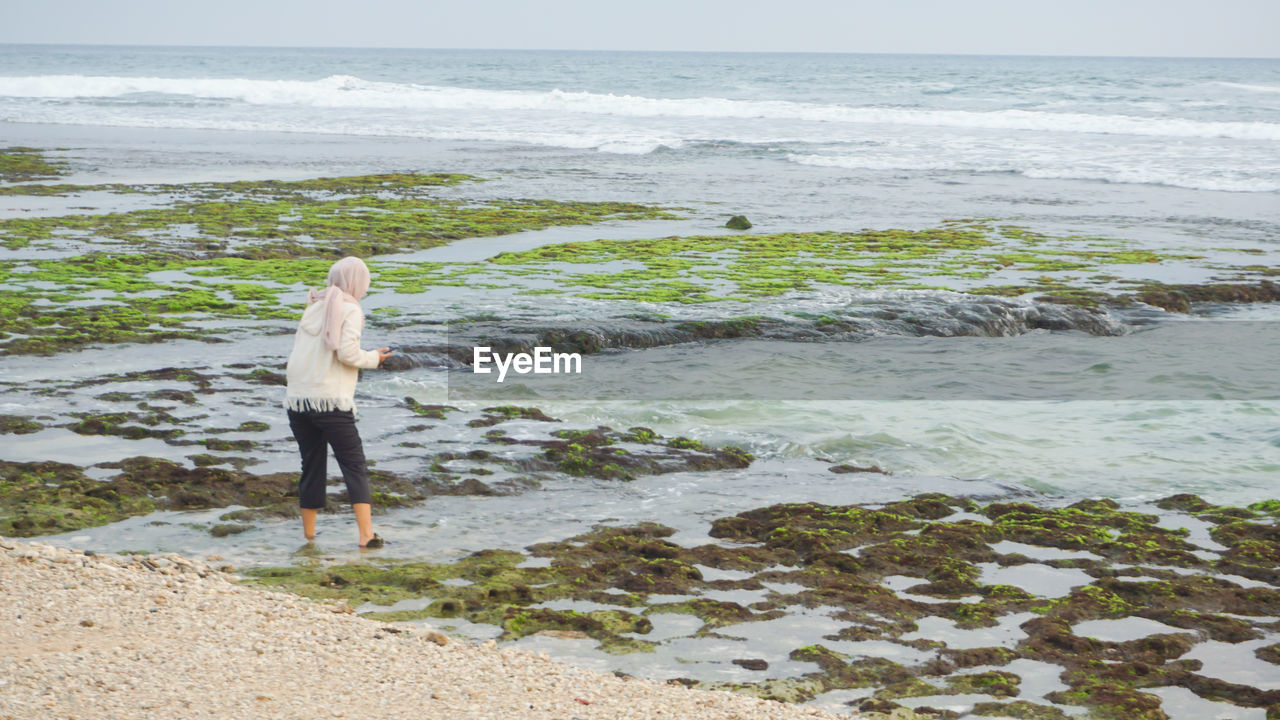 Rear view of woman standing on beach