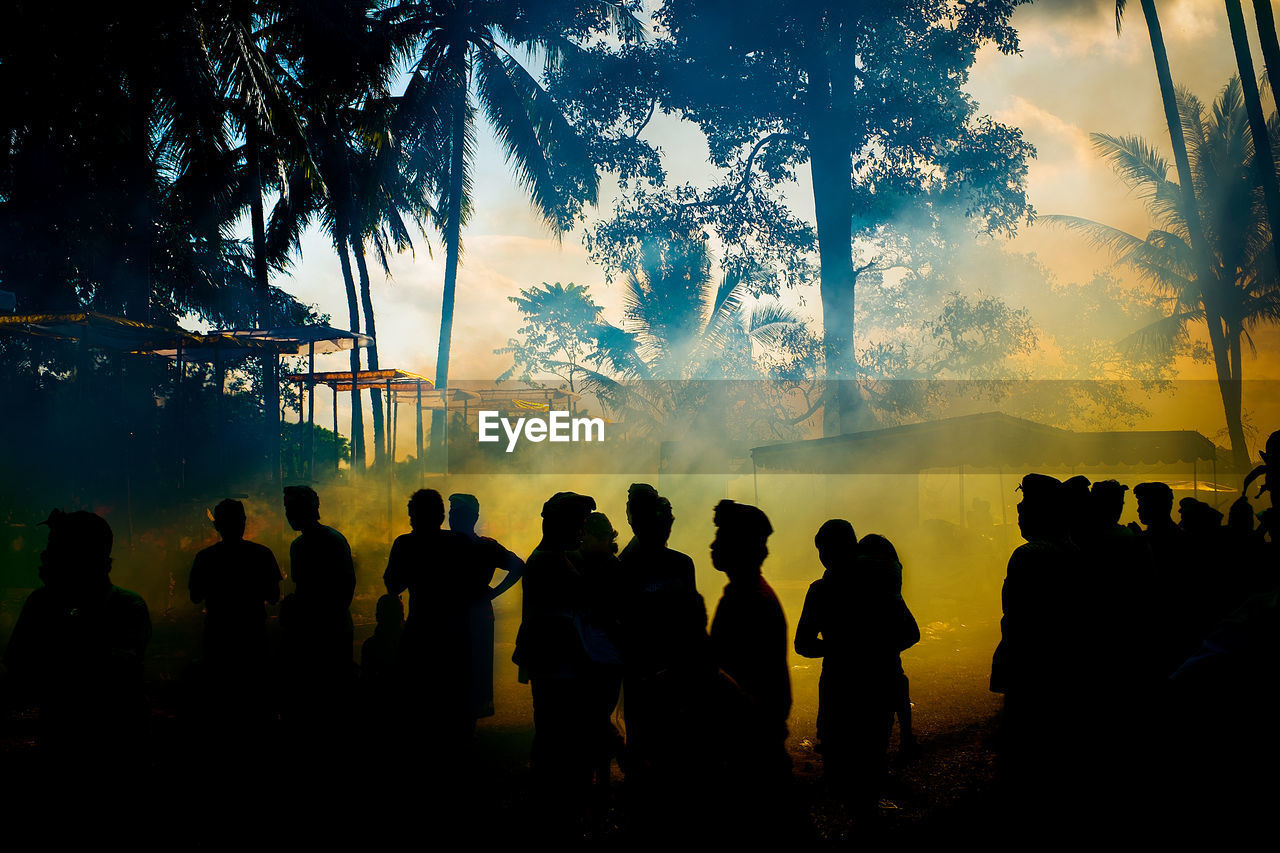 Silhouette people standing by tree against sky during sunset