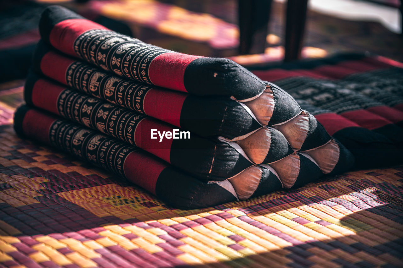 High angle view of fabrics on table