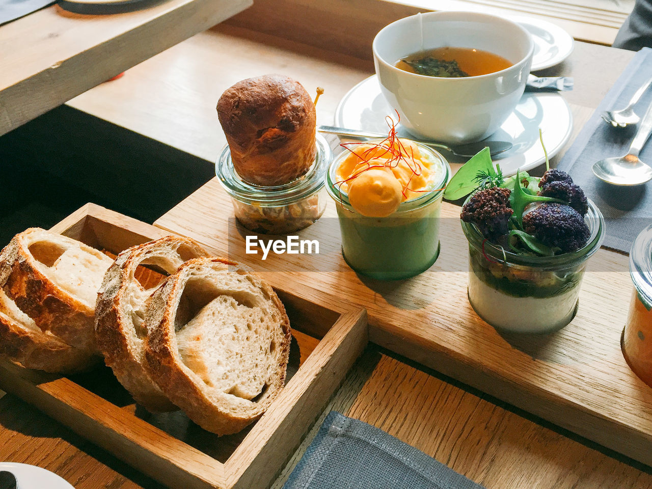 High angle view of breakfast on table