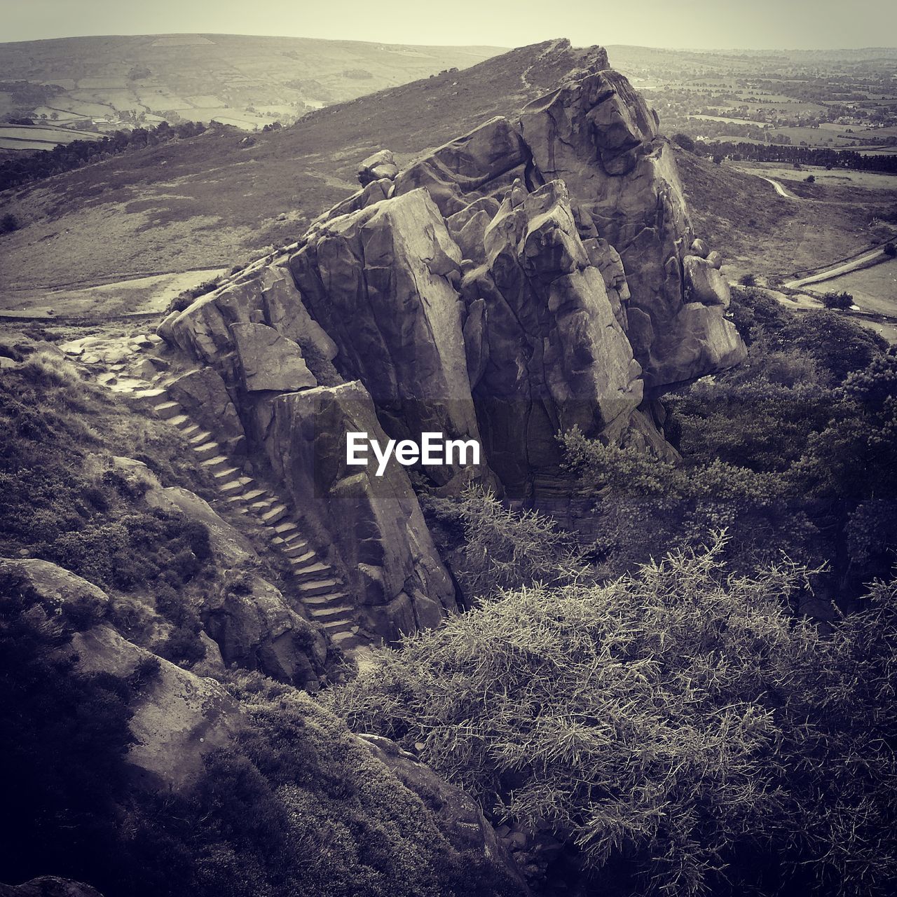 High angle view of steps on rocky mountains