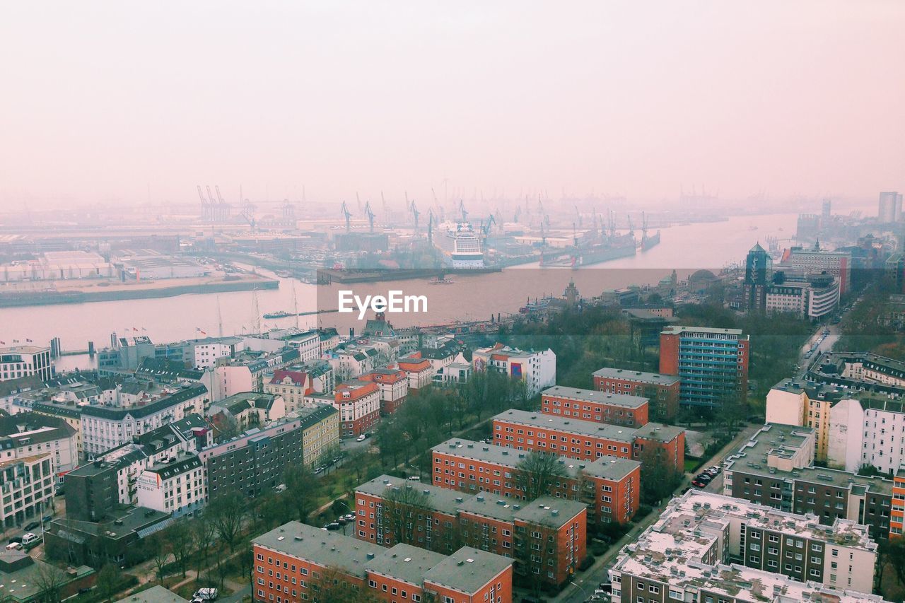 Cityscape with river in background