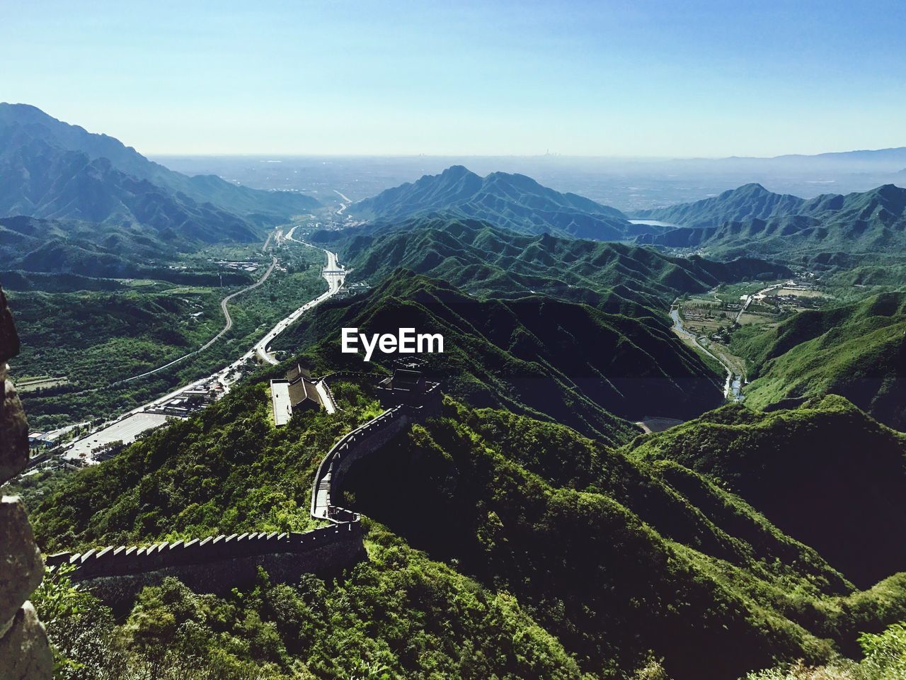 High angle view of mountains against clear sky