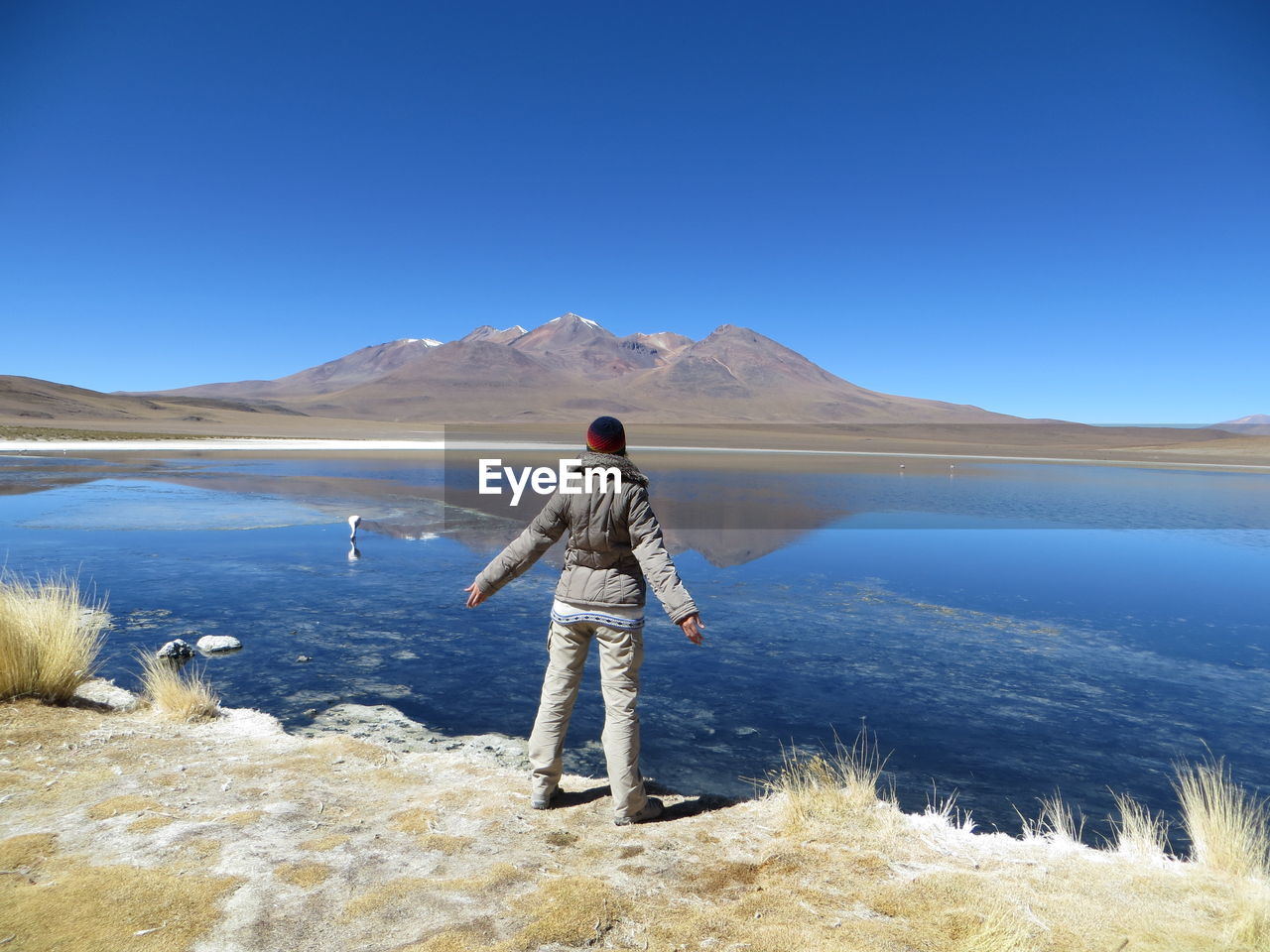 Rear view of woman standing at lakeshore against clear blue sky