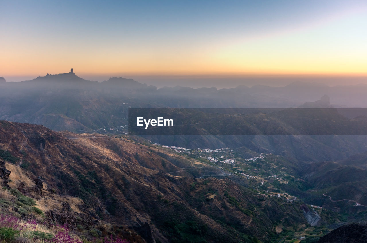 Aerial view of landscape against sky during sunset