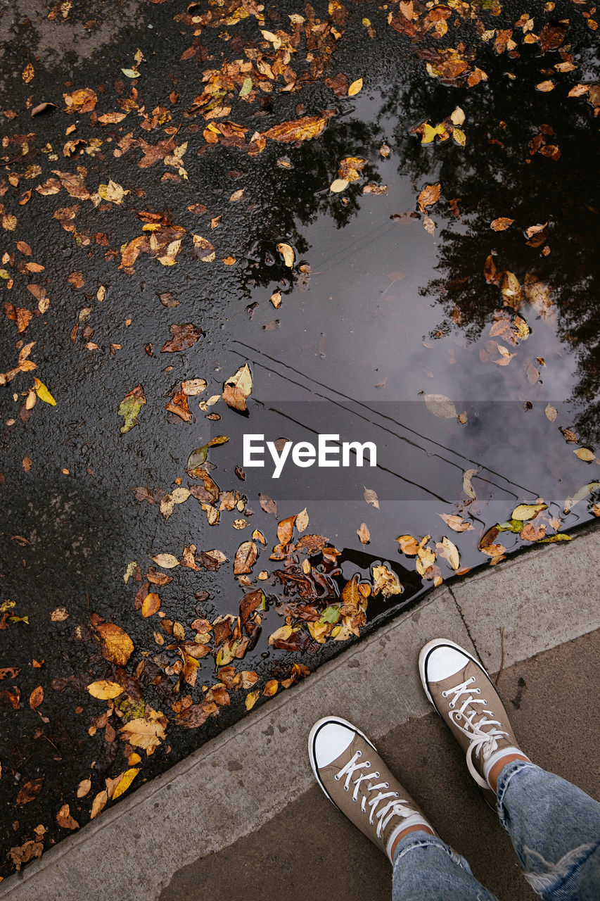 LOW SECTION OF PERSON STANDING ON AUTUMN LEAVES AT WATER