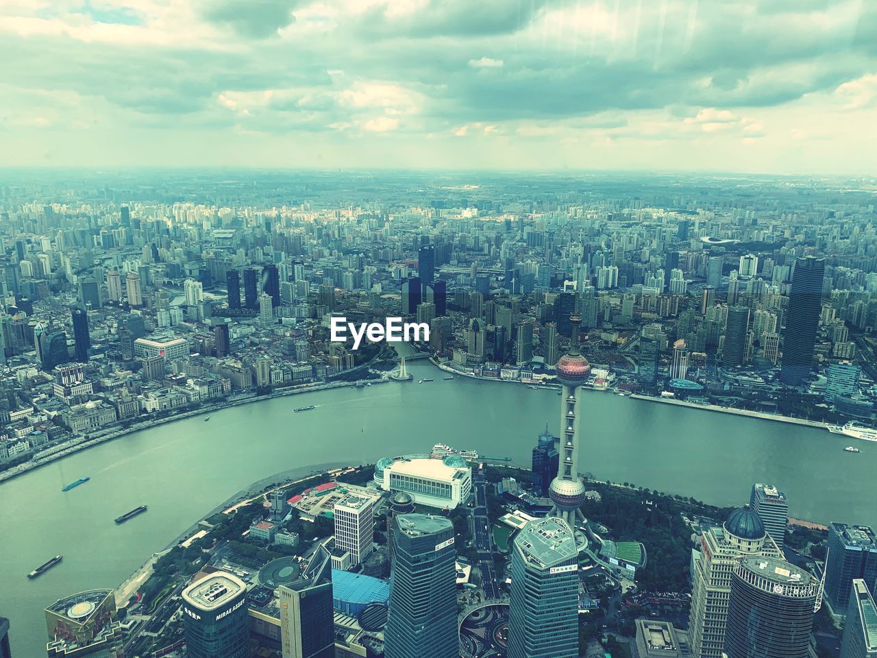 High angle view of buildings against sky in city