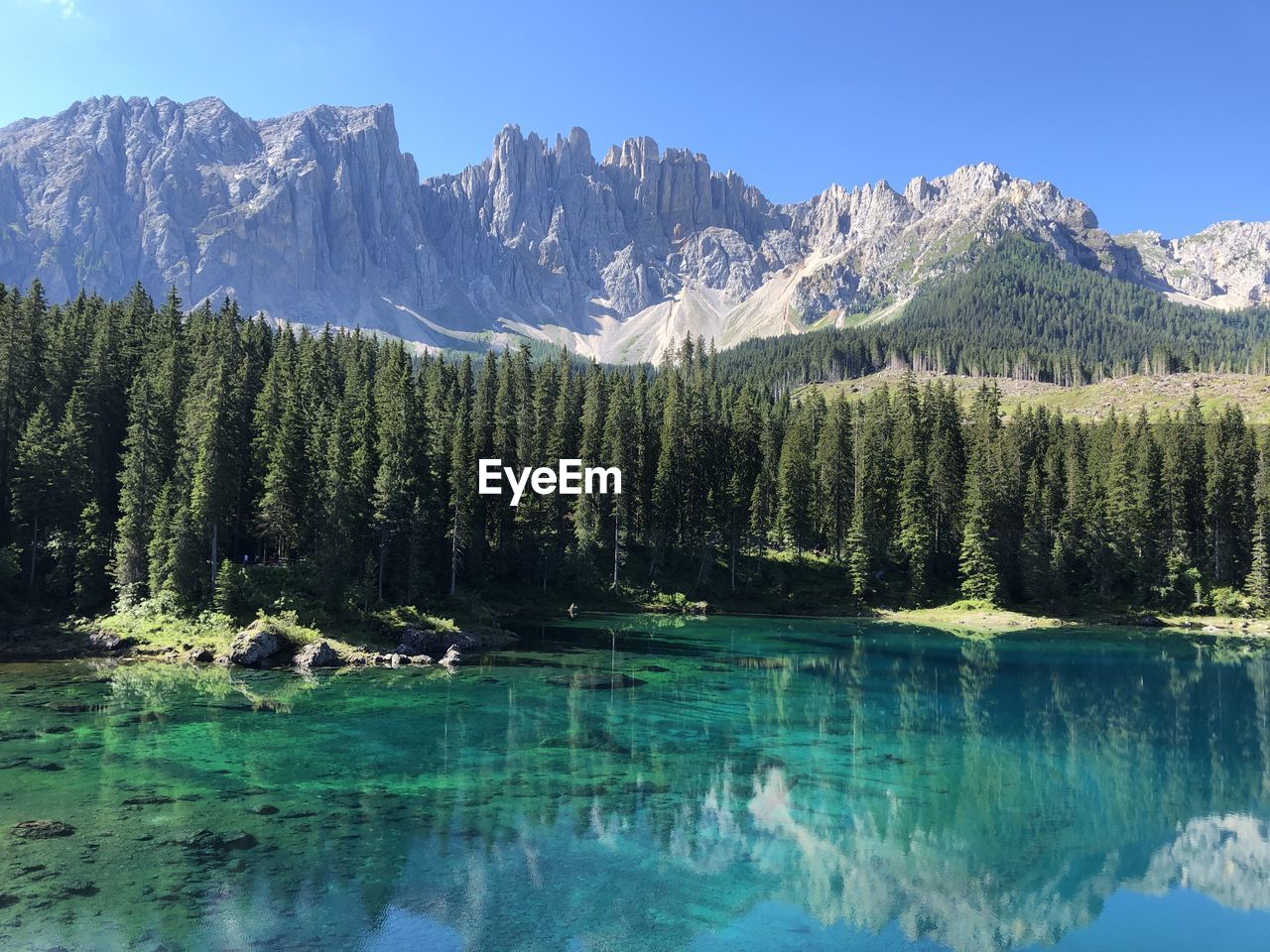 Scenic view of lake by mountains against sky