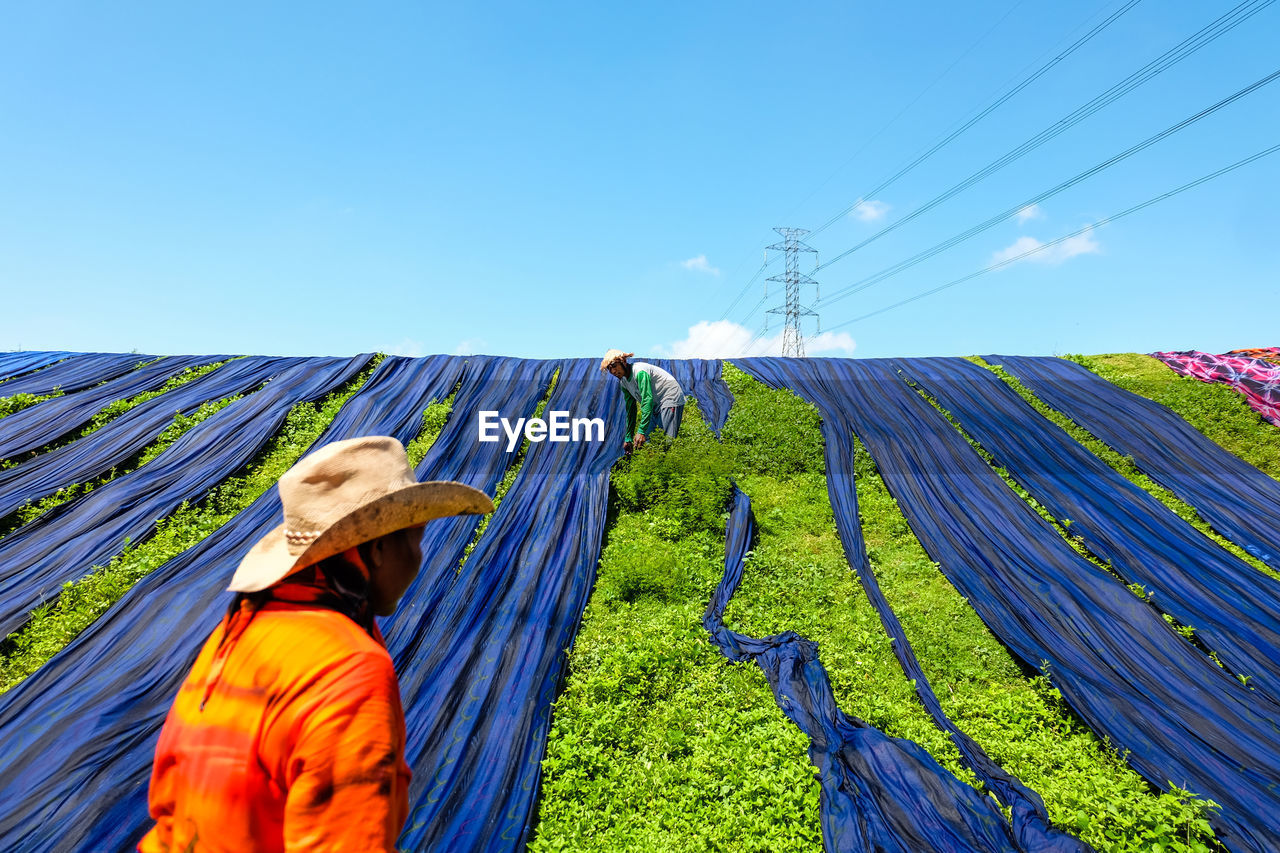 People drying blue fabrics on grassy field against blue sky during sunny day