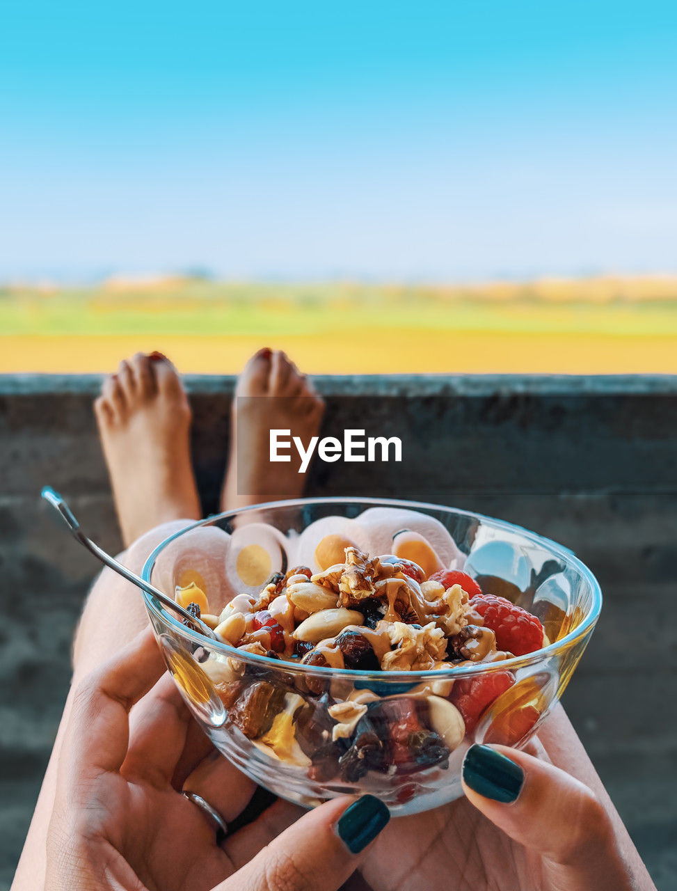 food and drink, food, hand, holding, healthy eating, one person, adult, wellbeing, freshness, leisure activity, meal, bowl, fruit, summer, women, produce, focus on foreground, breakfast, personal perspective, day, nature, lifestyles, kitchen utensil, sky, holiday, dish, eating utensil, outdoors, snack, trip, vacation, copy space, fast food