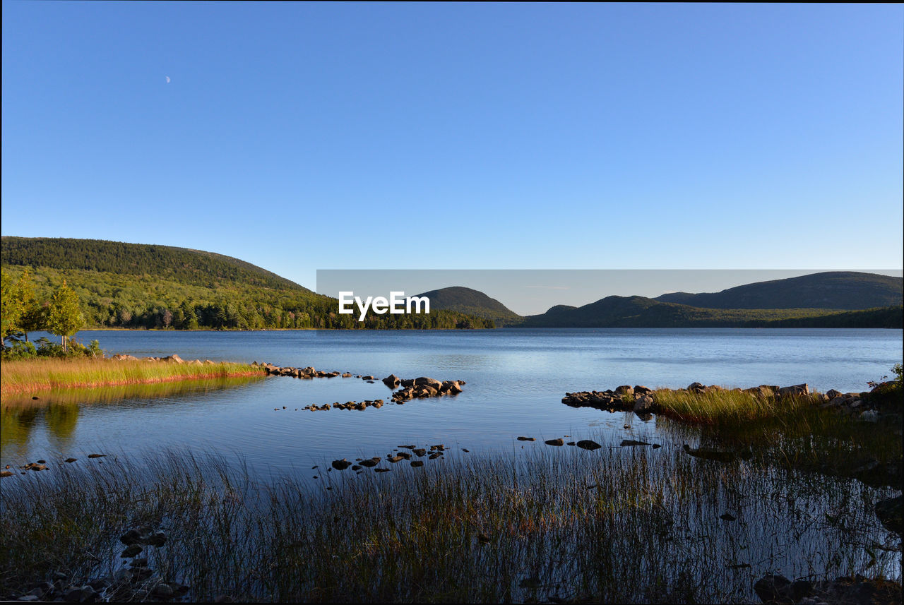 Scenic view of lake against clear sky