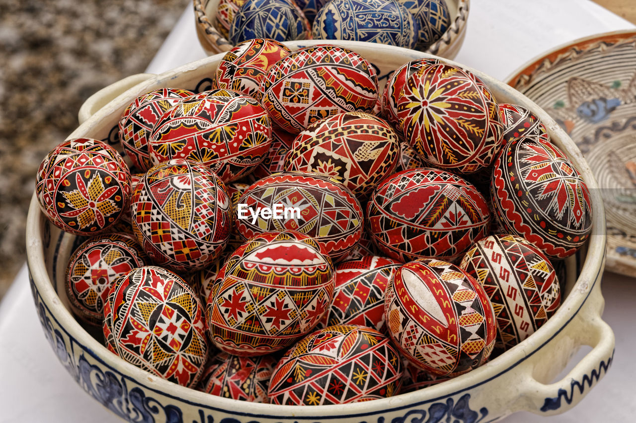 High angle view of decorated easter eggs