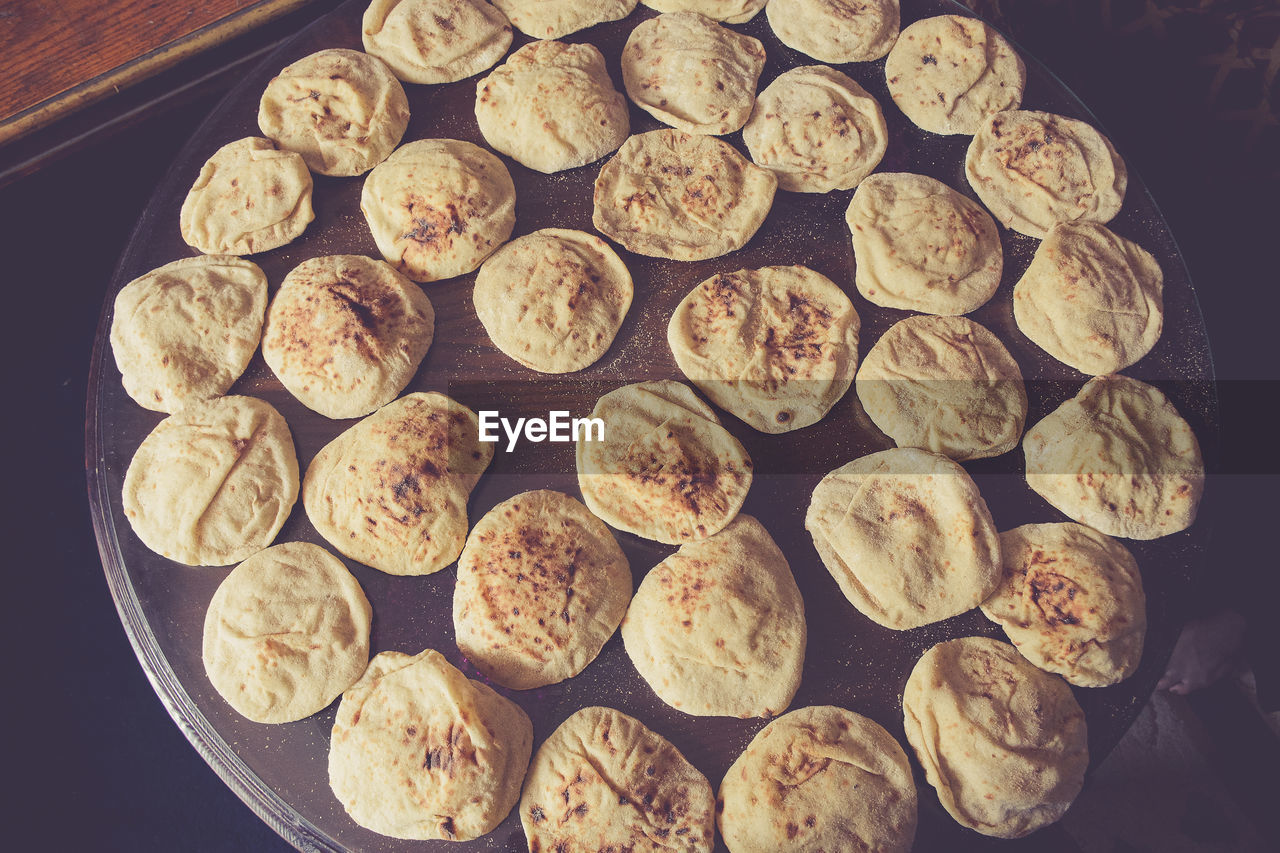 High angle view of breads arranged on plate