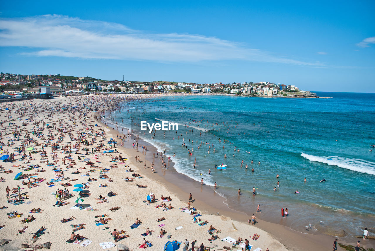 High angle view of crowd on beach