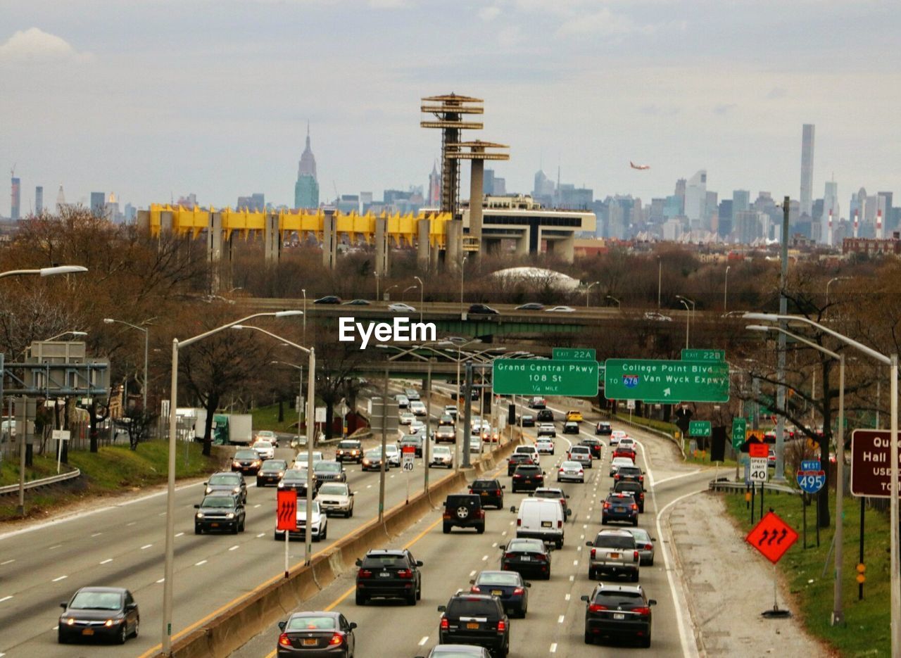 High angle view of cars on street at flushing meadows corona park