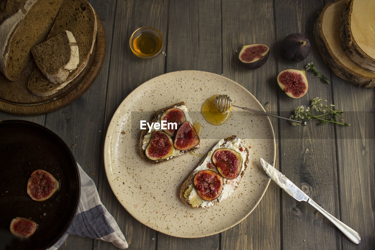 Directly above shot of breakfast in plate on table