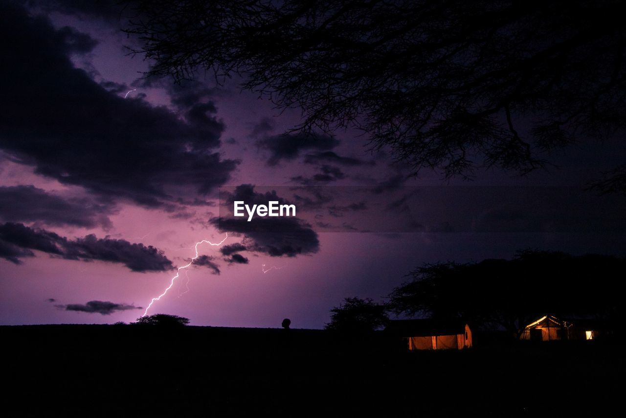 lightning, sky, thunder, cloud, night, power in nature, thunderstorm, darkness, storm, beauty in nature, silhouette, nature, environment, dramatic sky, warning sign, tree, no people, dark, storm cloud, outdoors, sign, scenics - nature, architecture, illuminated, communication, plant, dusk, landscape, purple