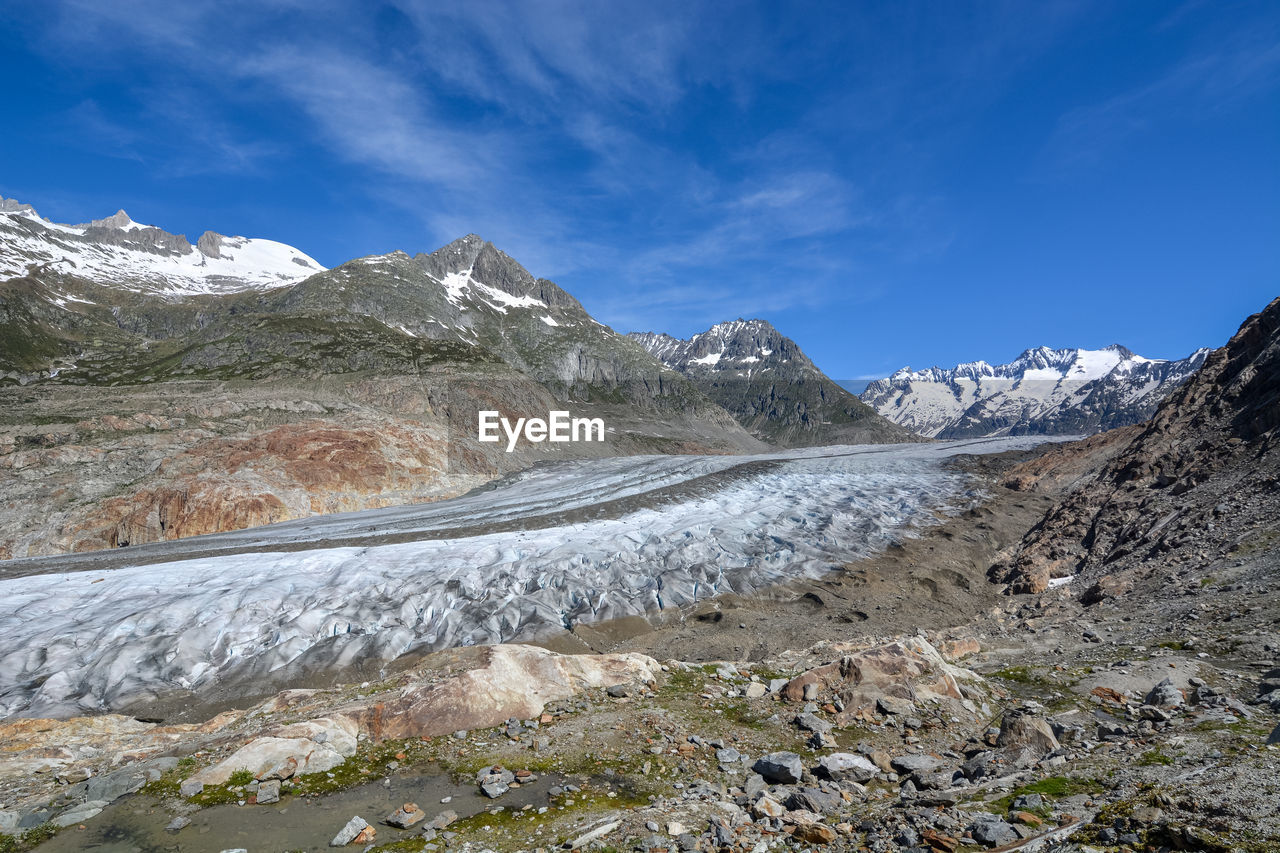 Scenic view of snowcapped mountains against blue sky