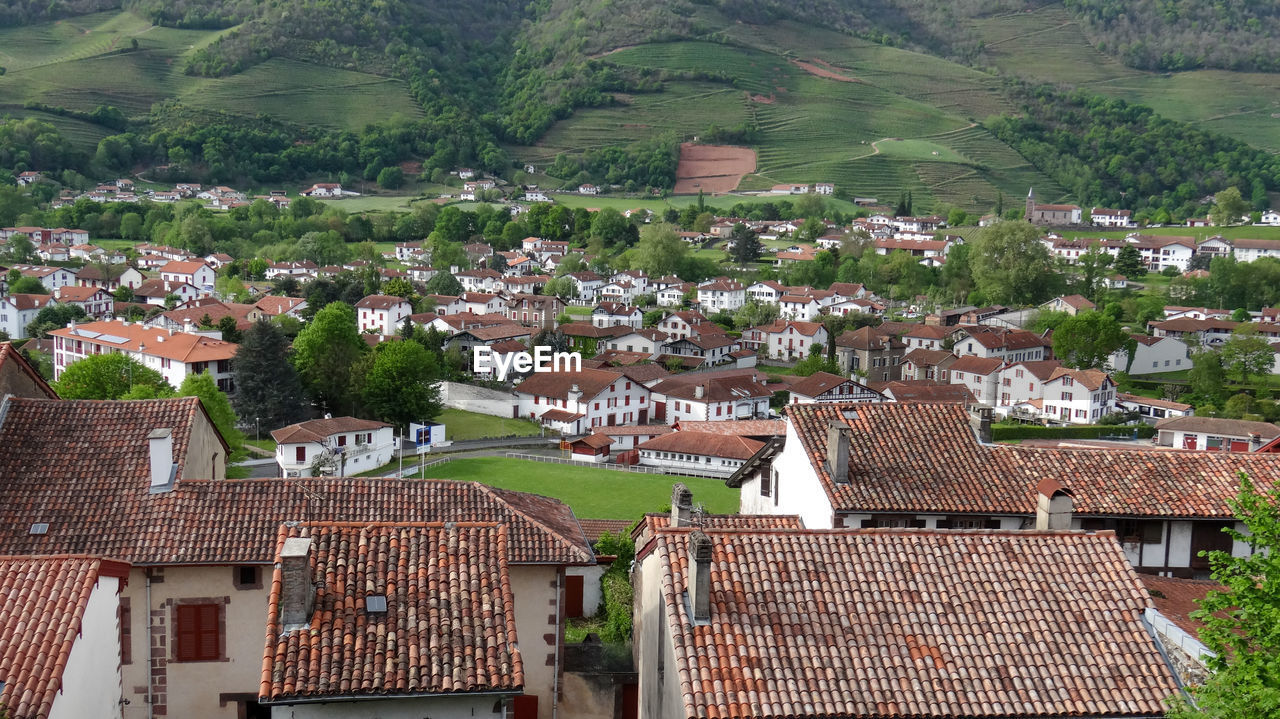 High angle view of buildings in town