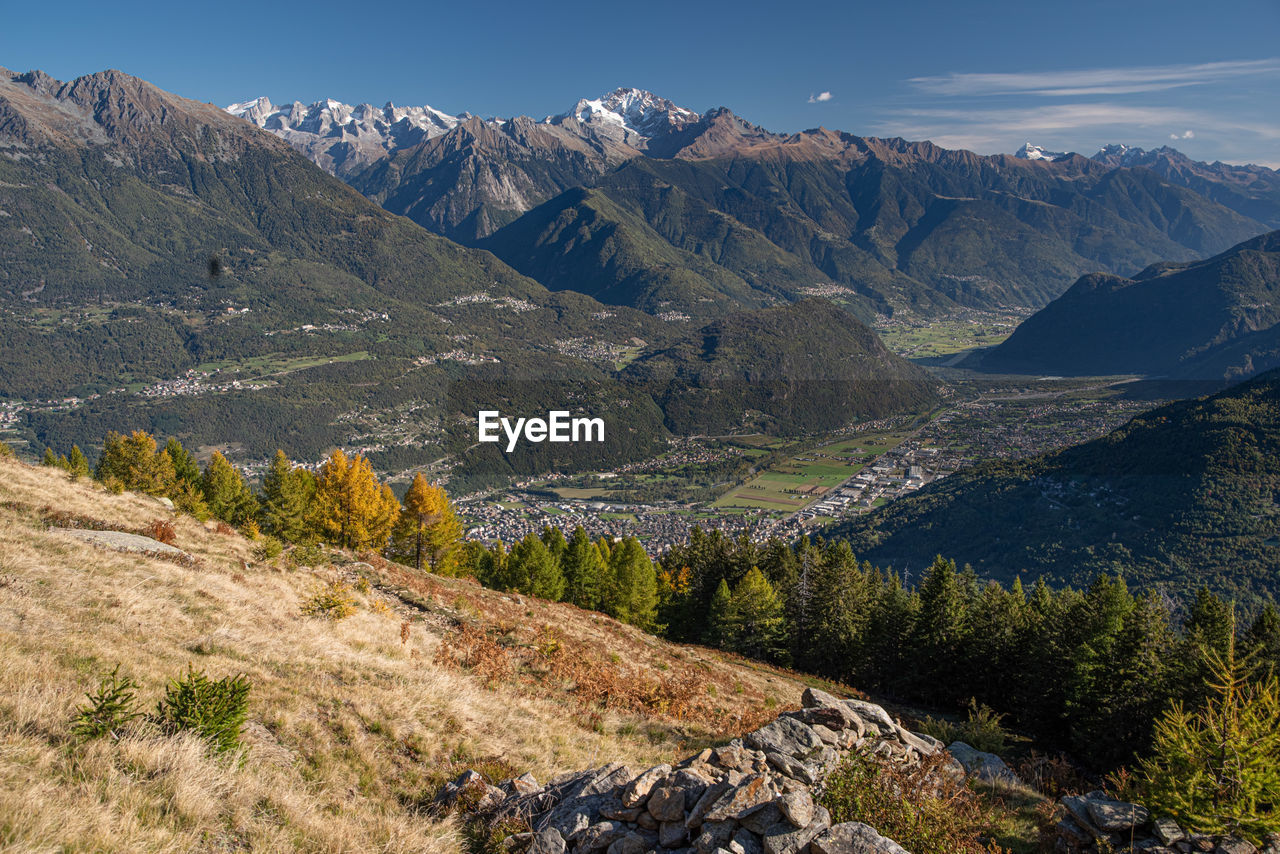 Scenic view of landscape and mountains against sky