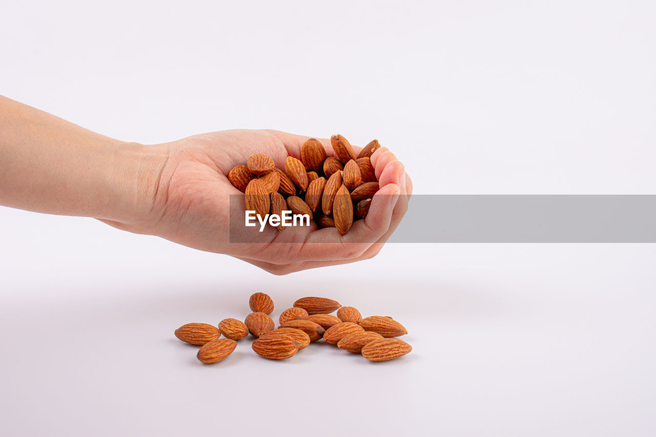 hand, nuts & seeds, studio shot, one person, food and drink, food, indoors, holding, nut - food, nut, large group of objects, white background, adult, produce, wellbeing
